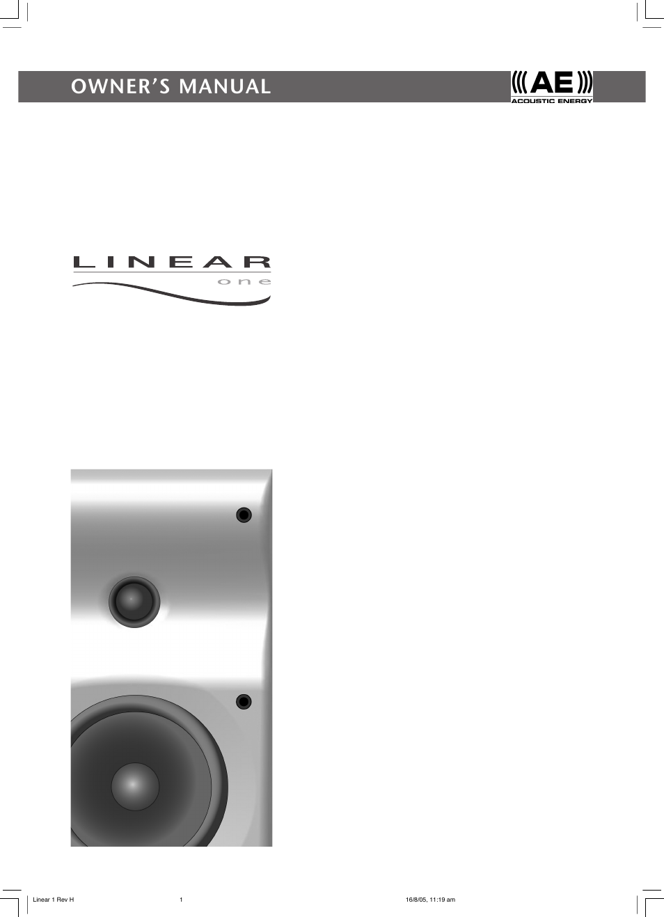 Acoustic Energy Linear One User Manual | 8 pages