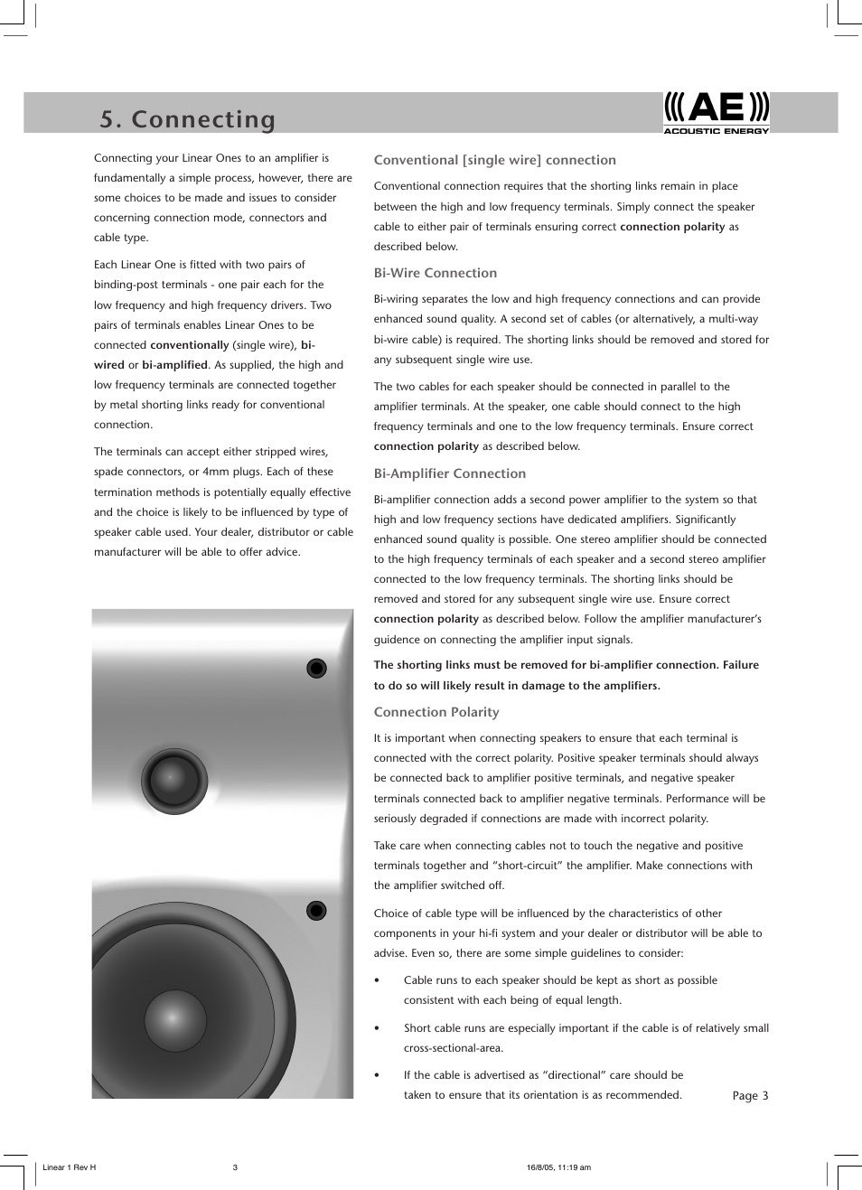 Positioning 5. connecting | Acoustic Energy Linear One User Manual | Page 5 / 8