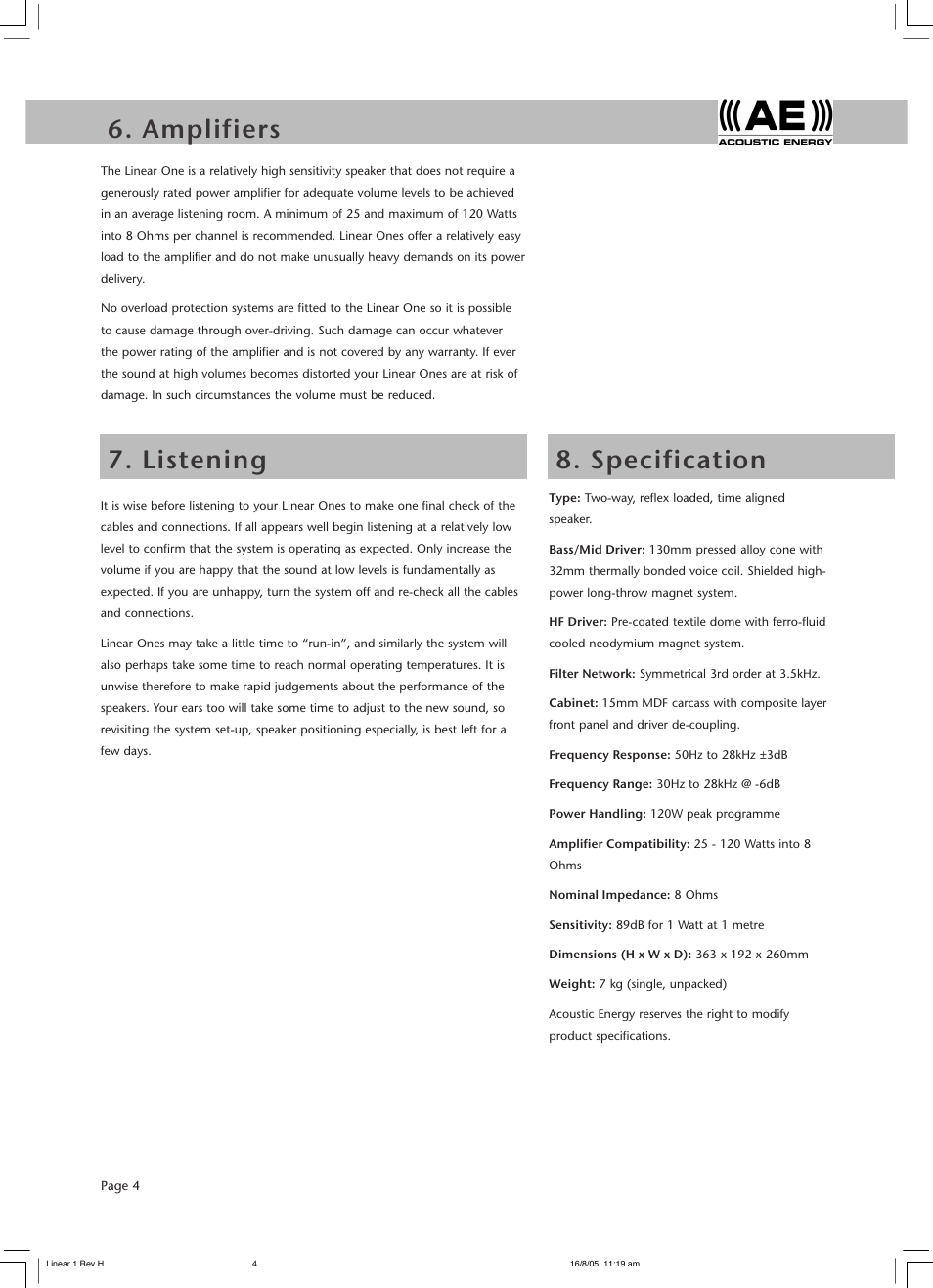 Amplifiers 9. the linear range, Listening 8. specification | Acoustic Energy Linear One User Manual | Page 6 / 8