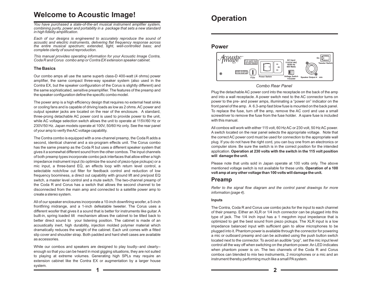 Welcome to acoustic image, Operation, 2power preamp | Acoustic Energy Acoustic Image Stereo Amplifier User Manual | Page 3 / 8