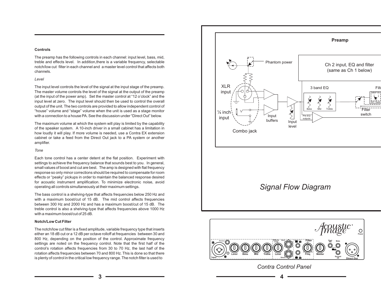 Signal flow diagram, Contra control panel, Preamp | Xlr input ¼ inch input combo jack, Ch 2 input, eq and filter (same as ch 1 below) | Acoustic Energy Acoustic Image Stereo Amplifier User Manual | Page 4 / 8