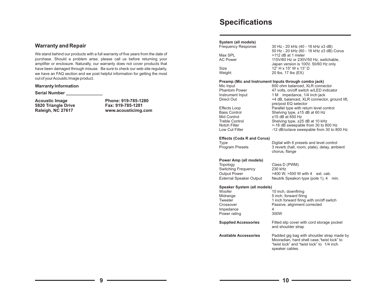 Specifications, Warranty and repair | Acoustic Energy Acoustic Image Stereo Amplifier User Manual | Page 7 / 8