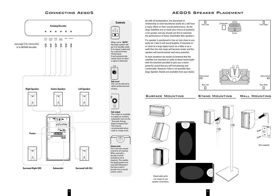 Aego5 speaker placement, Connecting aego5, Surface mounting stand mounting wall mounting | Acoustic Energy A Ego 5 User Manual | Page 3 / 8