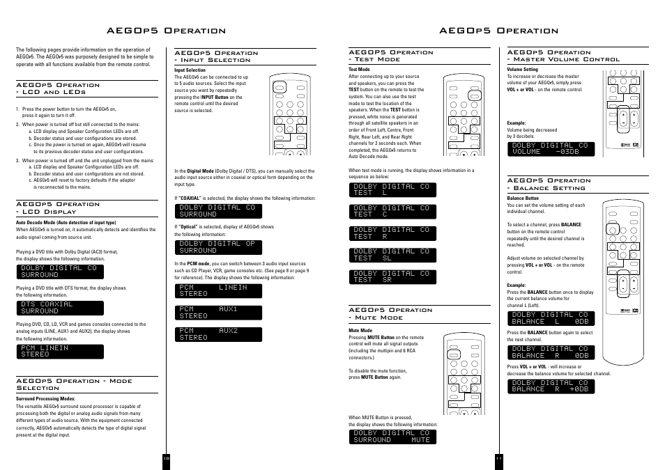 Aegop5 operation, Aegop5 operation - test mode, Aegop5 operation - mute mode | Aegop5 operation - balance setting, Aegop5 operation - lcd and leds, Aegop5 operation - lcd display, Aegop5 operation - mode selection | Acoustic Energy A Ego 5 User Manual | Page 6 / 8