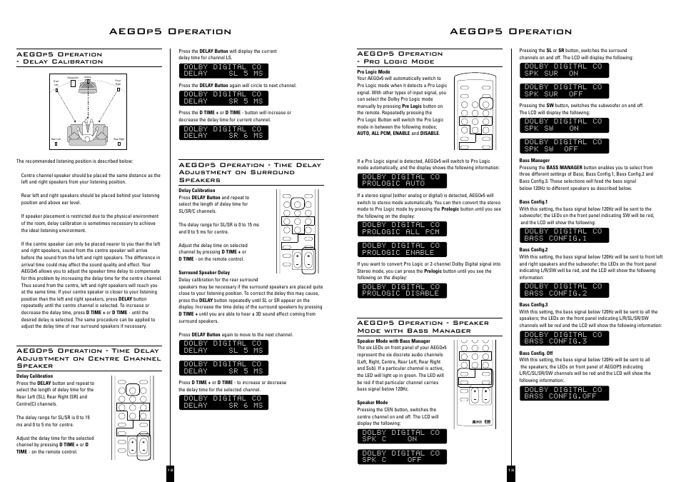 Aegop5 operation, Aegop5 operation - pro logic mode, Aegop5 operation - speaker mode with bass manager | Aegop5 operation - delay calibration | Acoustic Energy A Ego 5 User Manual | Page 7 / 8