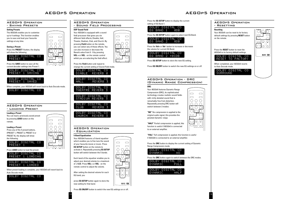 Aegop5 operation, Aegop5 operation - drc (dynamic range compression), Aegop5 operation - saving presets | Aegop5 operation - loading preset, Dolby digital co, Aegop5 operation - equalization | Acoustic Energy A Ego 5 User Manual | Page 8 / 8