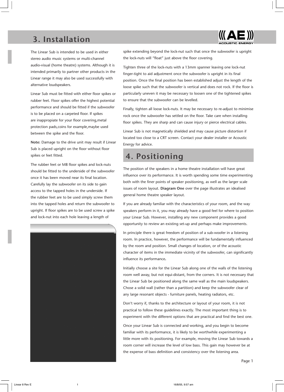 Installation, Contents 1. introduction 2. handling, Positioning | Acoustic Energy MA1108 User Manual | Page 3 / 8