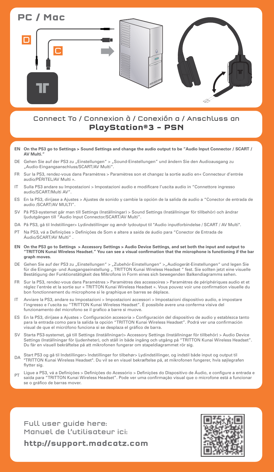 Pc / mac, Playstation®3 – psn, Full user guide here: manuel de l’utilisateur ici | TRITTON Kunai Wireless Stereo Headset User Manual | Page 6 / 8