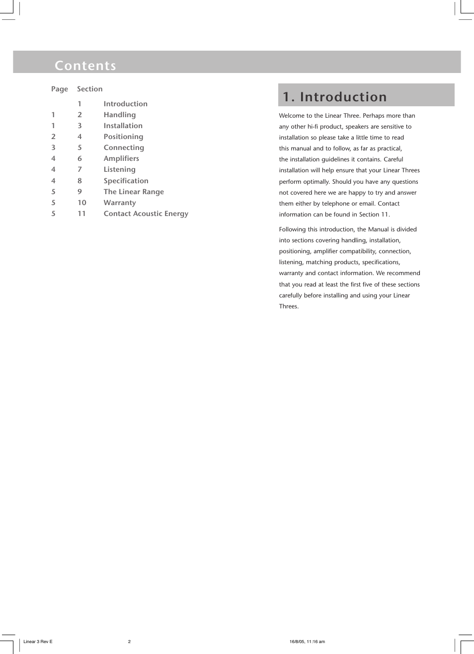 Handling, Contents 1. introduction | Acoustic Energy Aegis Evo Series User Manual | Page 2 / 8