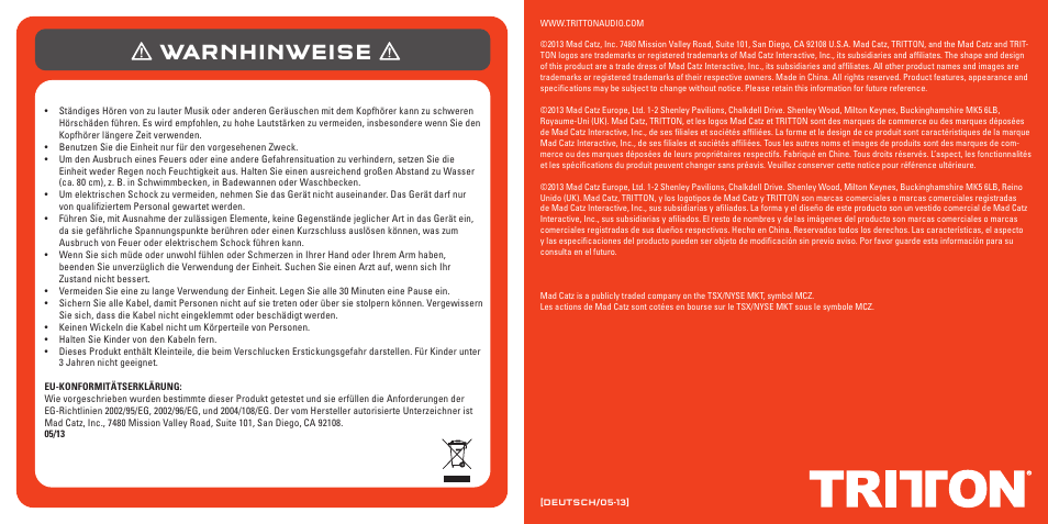 Warnhinweise | TRITTON Pro+ 5.1 Surround Headset User Manual | Page 26 / 66