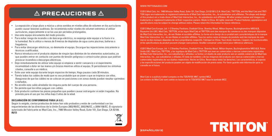 Precauciones | TRITTON Pro+ 5.1 Surround Headset User Manual | Page 34 / 66