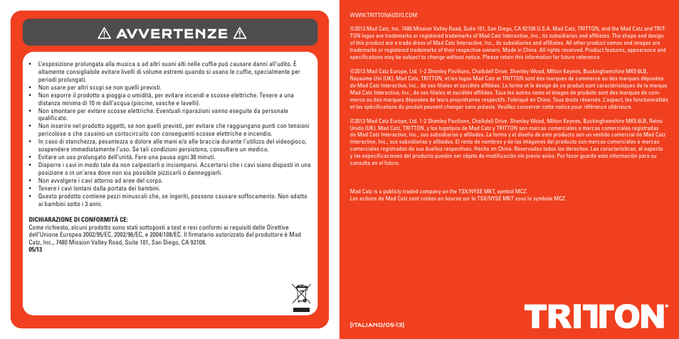 Avvertenze | TRITTON Pro+ 5.1 Surround Headset User Manual | Page 42 / 66