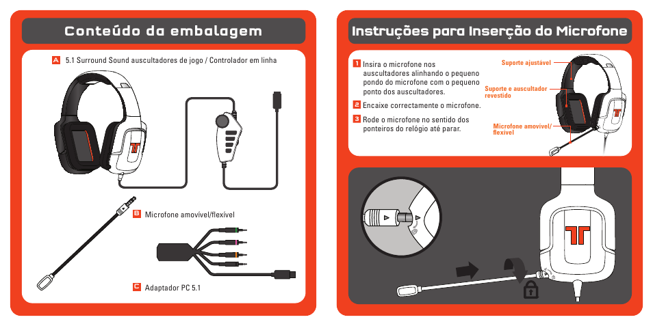 Conteúdo da embalagem, Instruções para inserção do microfone | TRITTON Pro+ 5.1 Surround Headset User Manual | Page 45 / 66