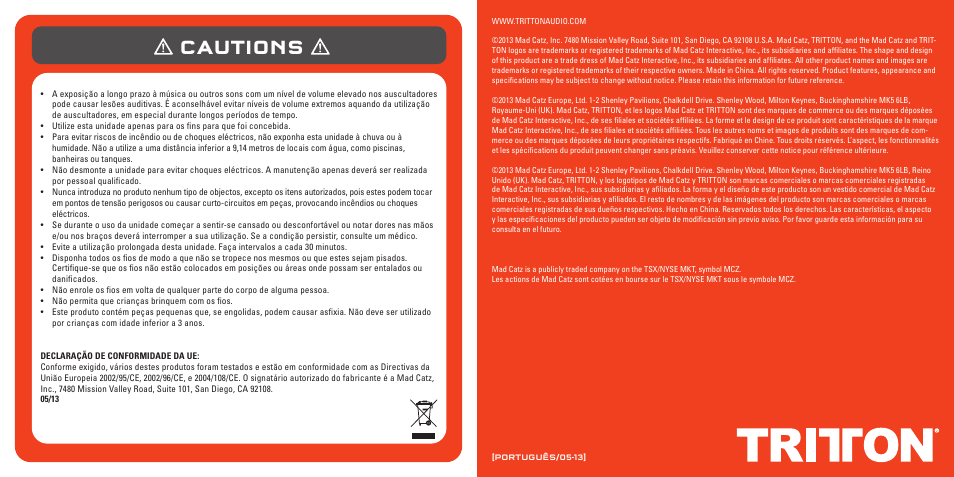 Cautions | TRITTON Pro+ 5.1 Surround Headset User Manual | Page 50 / 66