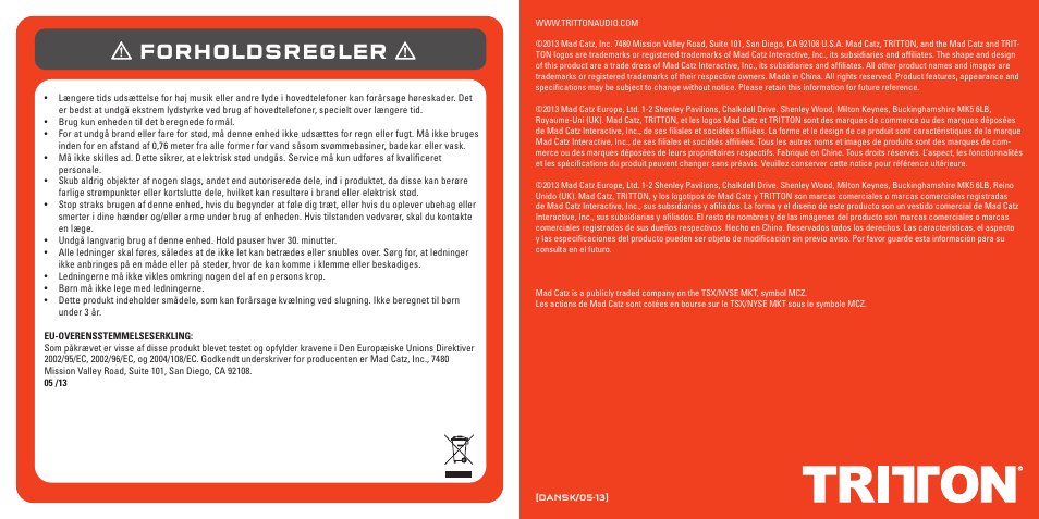 Forholdsregler | TRITTON Pro+ 5.1 Surround Headset User Manual | Page 58 / 66