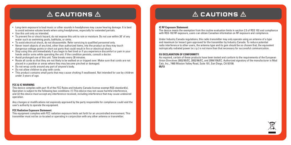 Cautions | TRITTON Pro+ 5.1 Surround Headset User Manual | Page 8 / 66