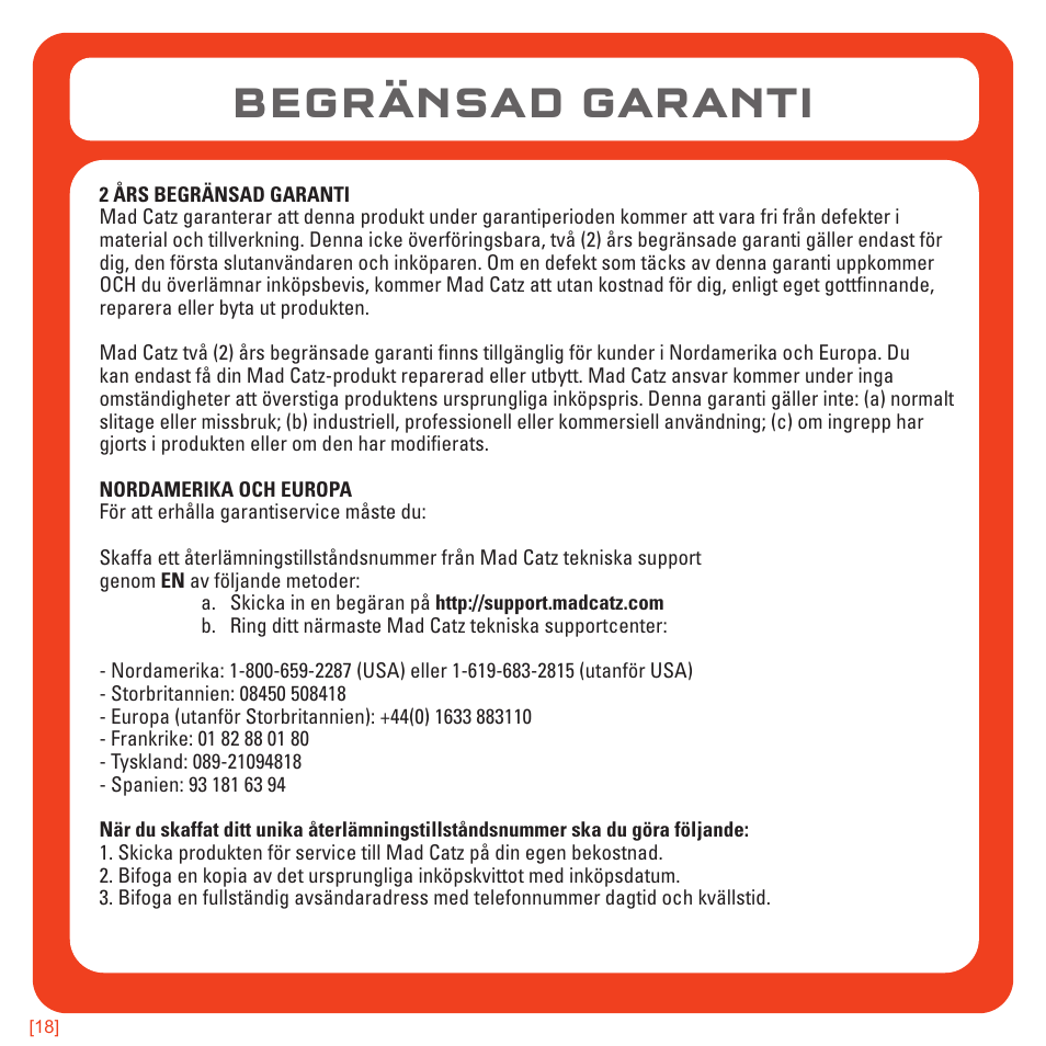 Begränsad garanti | TRITTON Kunai Universal Stereo Gaming Headset User Manual | Page 167 / 170