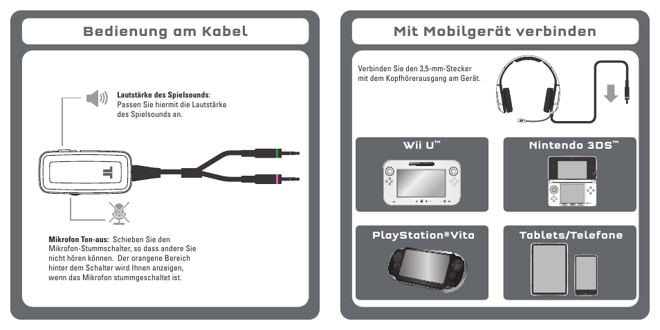 Bedienung am kabel, Mit mobilgerät verbinden | TRITTON Kunai Stereo Gaming Headset for PC, Mac, and Mobile Devices User Manual | Page 20 / 59