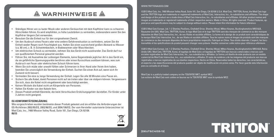 Warnhinweise | TRITTON Kunai Stereo Gaming Headset for PC, Mac, and Mobile Devices User Manual | Page 23 / 59