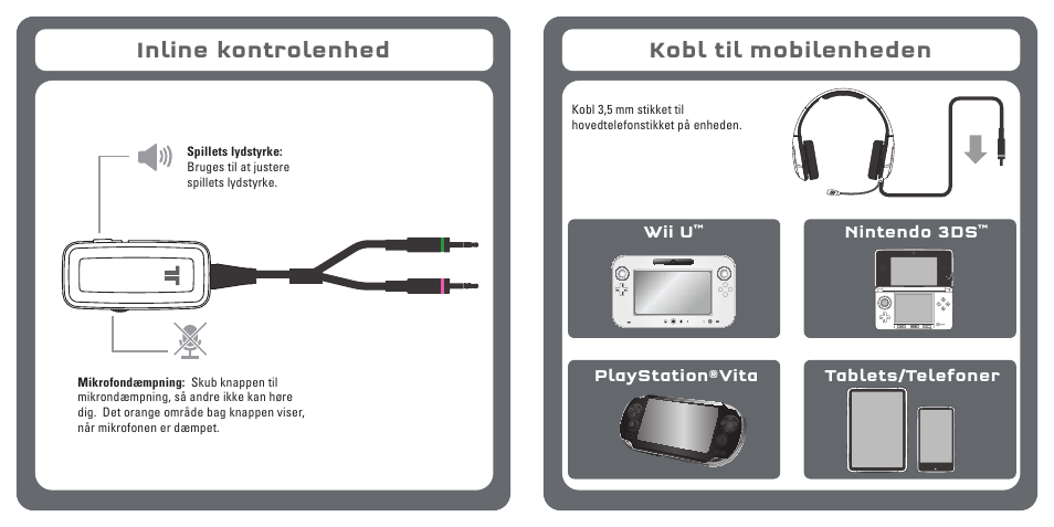 Inline kontrolenhed, Kobl til mobilenheden | TRITTON Kunai Stereo Gaming Headset for PC, Mac, and Mobile Devices User Manual | Page 42 / 59