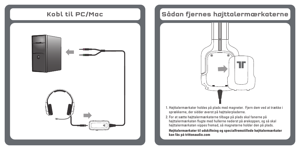 Kobl til pc/mac sådan fjernes højttalermærkaterne | TRITTON Kunai Stereo Gaming Headset for PC, Mac, and Mobile Devices User Manual | Page 43 / 59