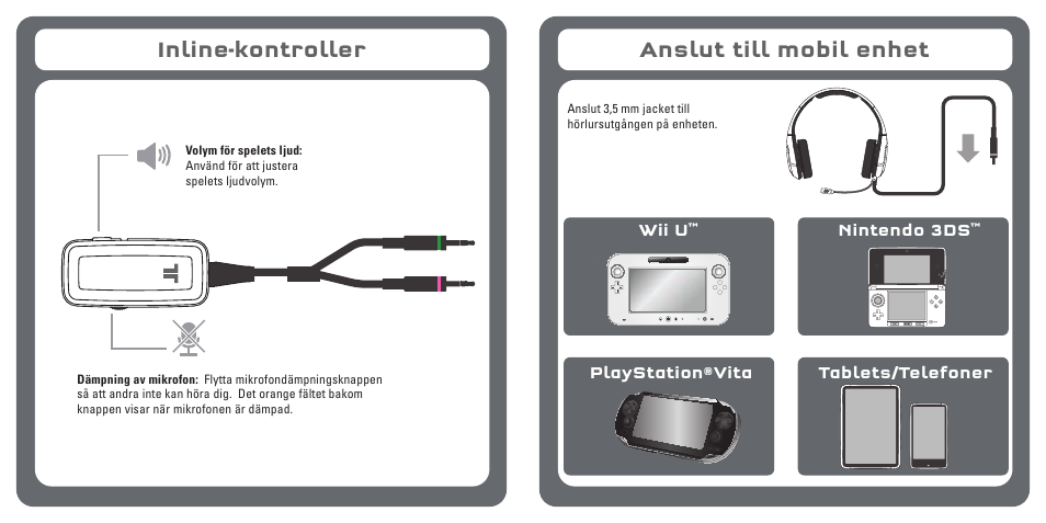 Inline-kontroller, Anslut till mobil enhet | TRITTON Kunai Stereo Gaming Headset for PC, Mac, and Mobile Devices User Manual | Page 56 / 59