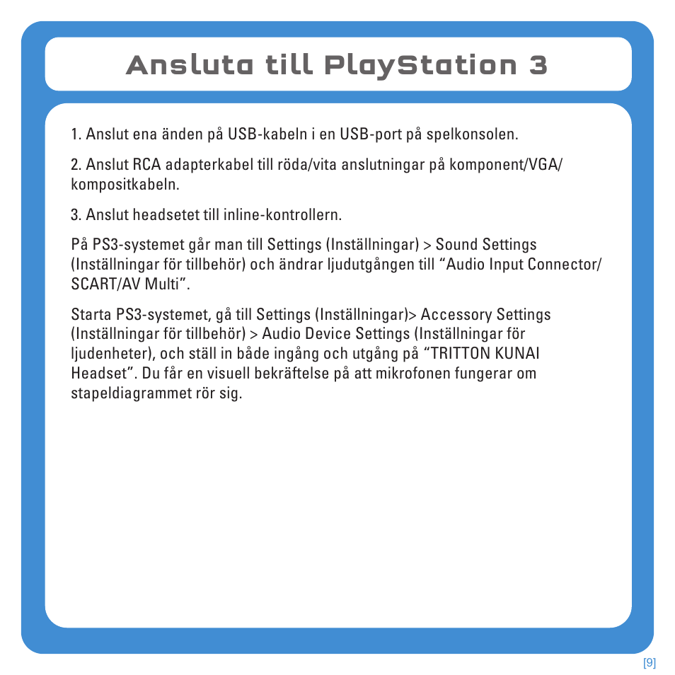 Ansluta till playstation 3 | TRITTON Kunai Stereo Headset for PlayStation-3 and PlayStation-Vita User Manual | Page 102 / 108