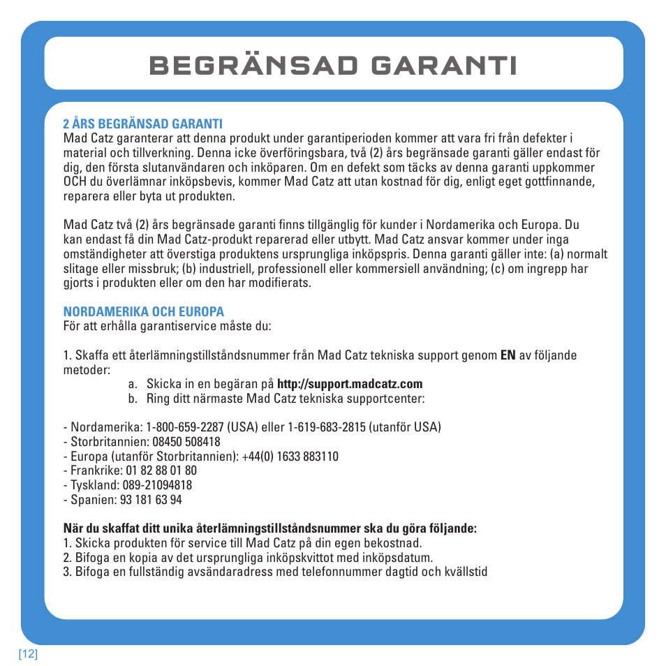 Begränsad garanti | TRITTON Kunai Stereo Headset for PlayStation-3 and PlayStation-Vita User Manual | Page 105 / 108
