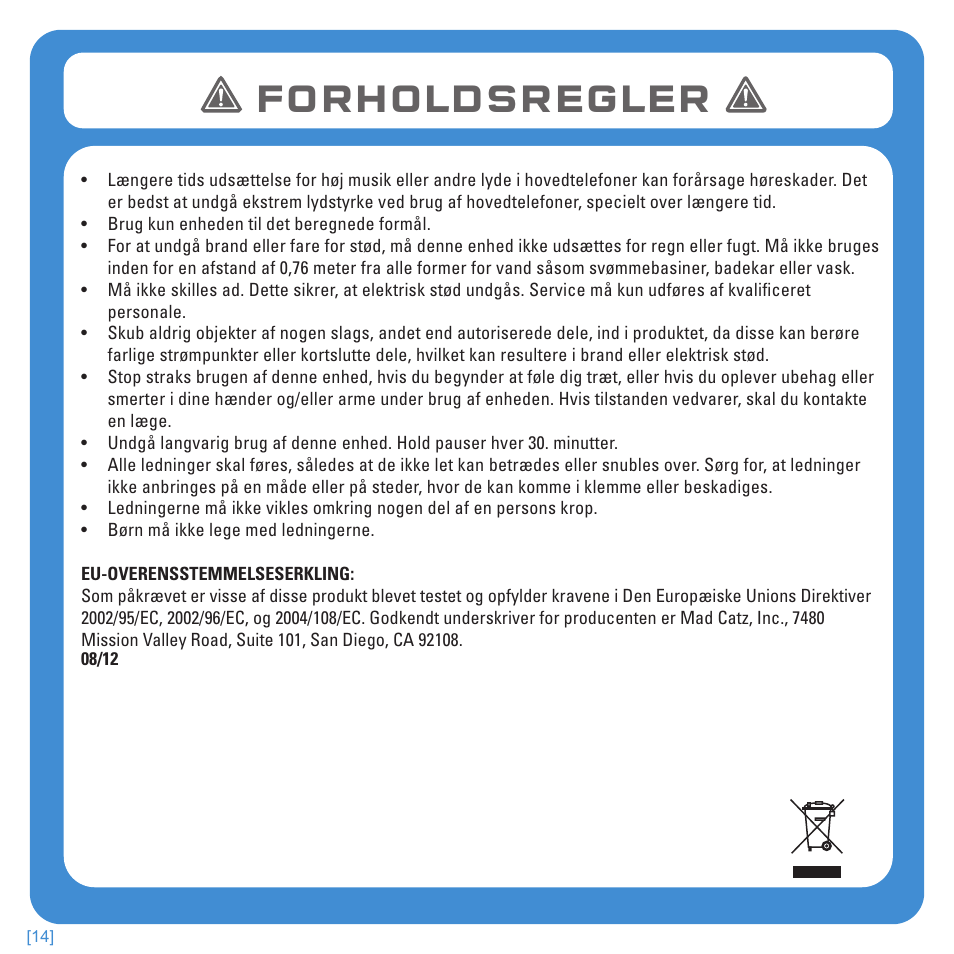 Forholdsregler | TRITTON Kunai Stereo Headset for PlayStation-3 and PlayStation-Vita User Manual | Page 107 / 108