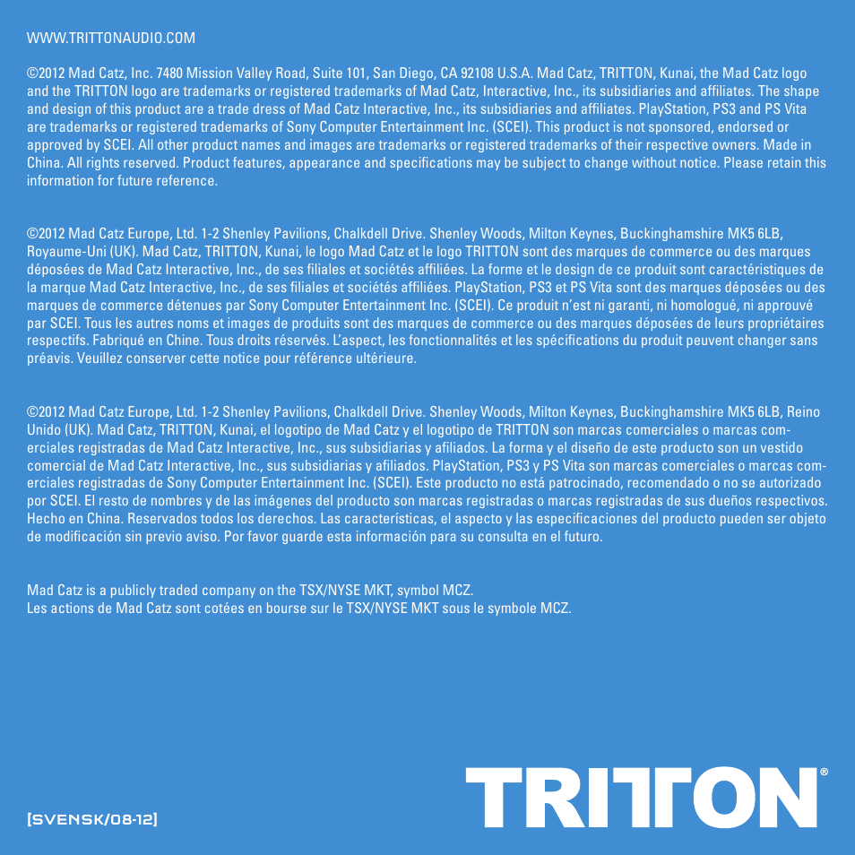 TRITTON Kunai Stereo Headset for PlayStation-3 and PlayStation-Vita User Manual | Page 108 / 108