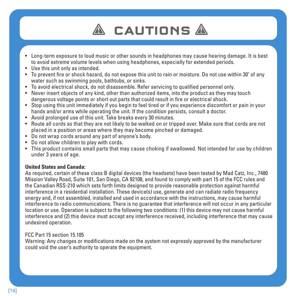 Cautions | TRITTON Kunai Stereo Headset for PlayStation-3 and PlayStation-Vita User Manual | Page 14 / 108