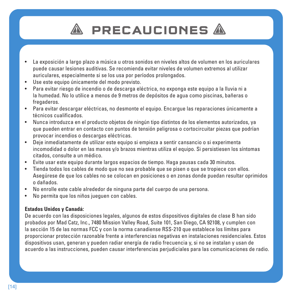 Precauciones | TRITTON Kunai Stereo Headset for PlayStation-3 and PlayStation-Vita User Manual | Page 61 / 108