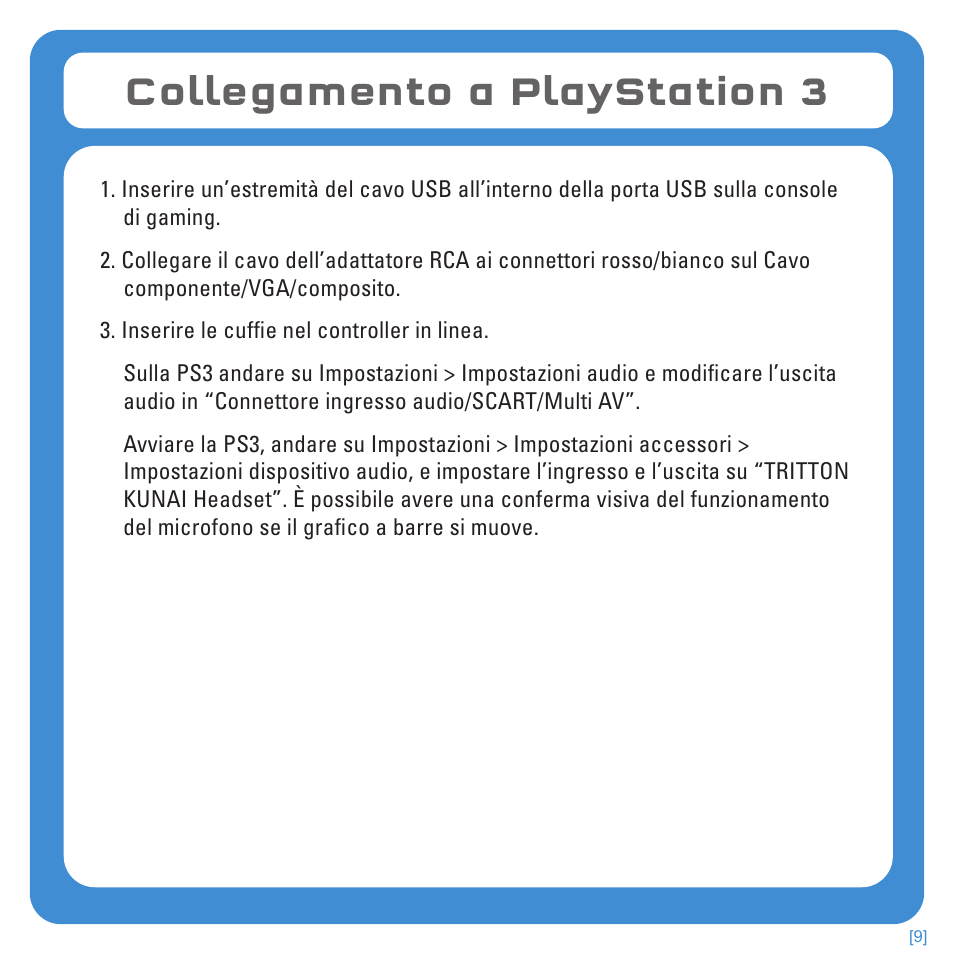 Collegamento a playstation 3 | TRITTON Kunai Stereo Headset for PlayStation-3 and PlayStation-Vita User Manual | Page 72 / 108