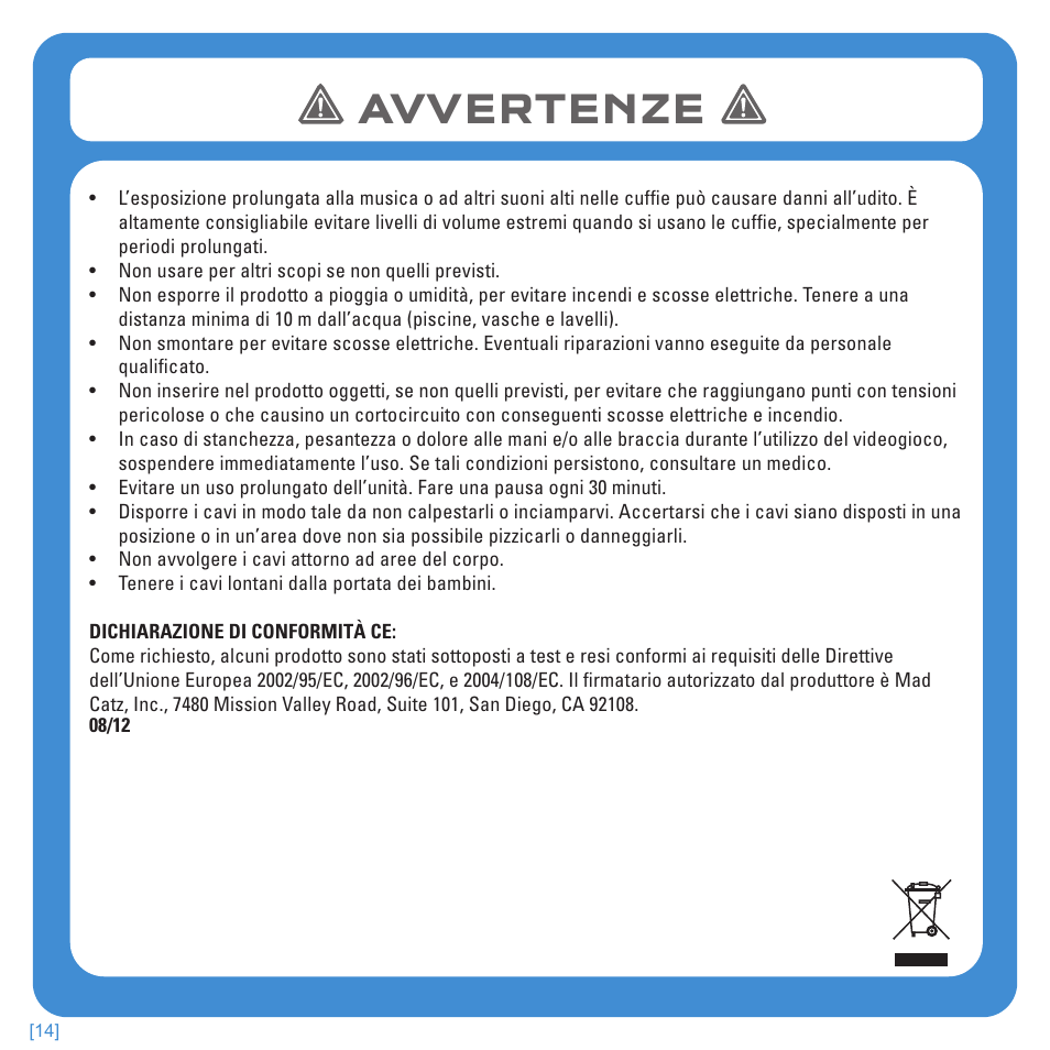 Avvertenze | TRITTON Kunai Stereo Headset for PlayStation-3 and PlayStation-Vita User Manual | Page 77 / 108