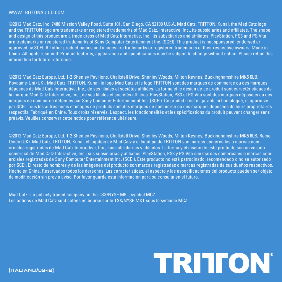 TRITTON Kunai Stereo Headset for PlayStation-3 and PlayStation-Vita User Manual | Page 78 / 108