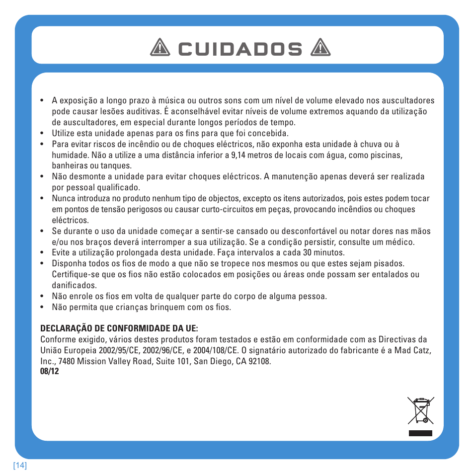 Cuidados | TRITTON Kunai Stereo Headset for PlayStation-3 and PlayStation-Vita User Manual | Page 92 / 108