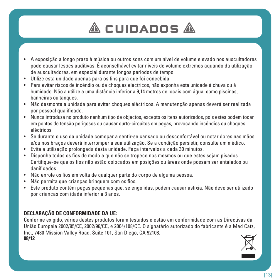 Cuidados | TRITTON Kunai Stereo Headset for Wii U and Nintendo 3DS User Manual | Page 100 / 115