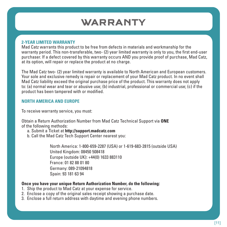 Warranty | TRITTON Kunai Stereo Headset for Wii U and Nintendo 3DS User Manual | Page 11 / 115