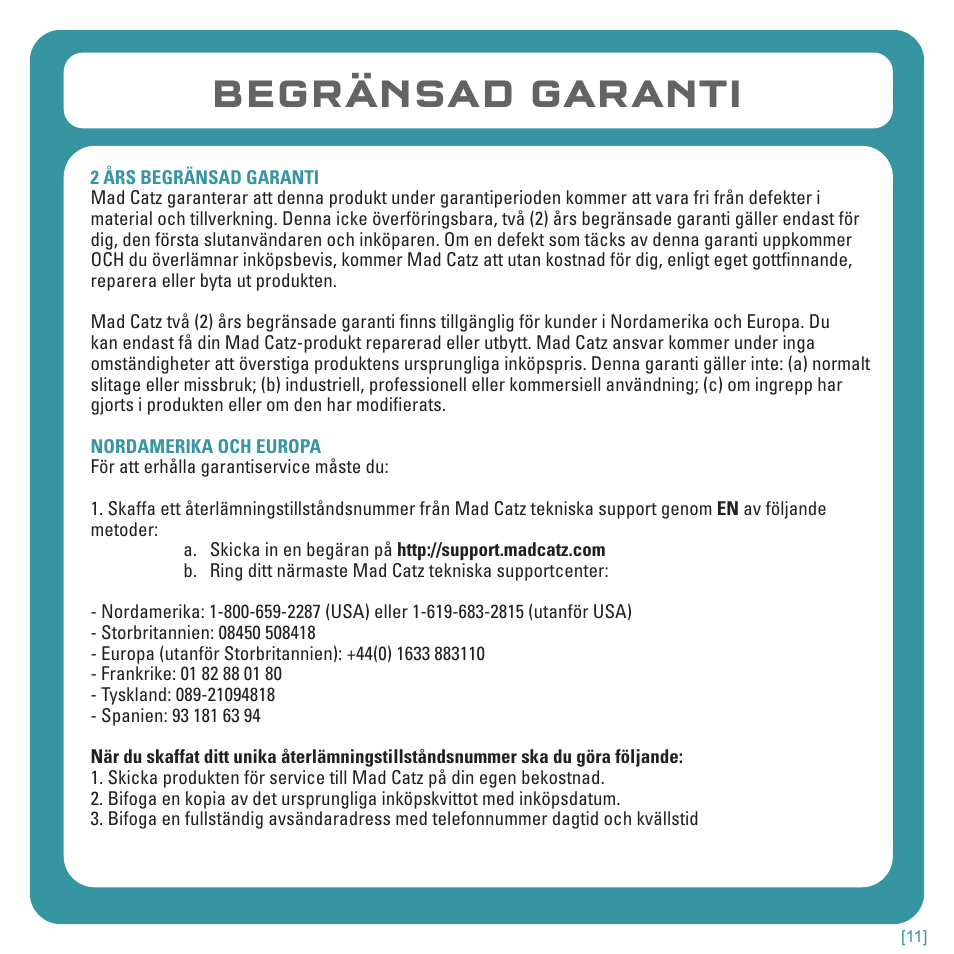 Begränsad garanti | TRITTON Kunai Stereo Headset for Wii U and Nintendo 3DS User Manual | Page 112 / 115