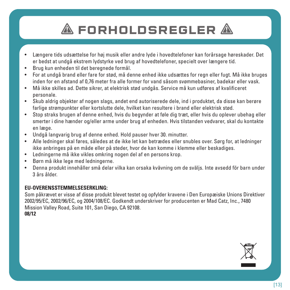 Forholdsregler | TRITTON Kunai Stereo Headset for Wii U and Nintendo 3DS User Manual | Page 114 / 115