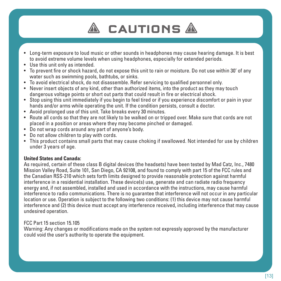 Cautions | TRITTON Kunai Stereo Headset for Wii U and Nintendo 3DS User Manual | Page 13 / 115