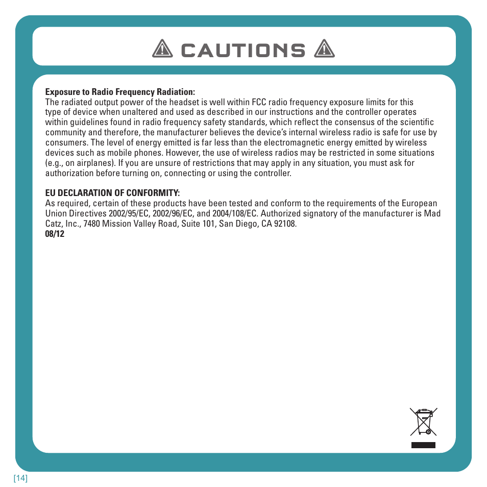 Cautions | TRITTON Kunai Stereo Headset for Wii U and Nintendo 3DS User Manual | Page 14 / 115