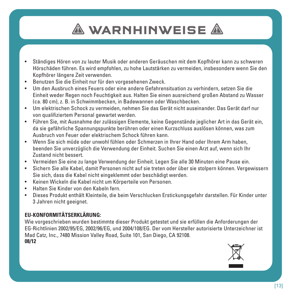 Warnhinweise | TRITTON Kunai Stereo Headset for Wii U and Nintendo 3DS User Manual | Page 43 / 115