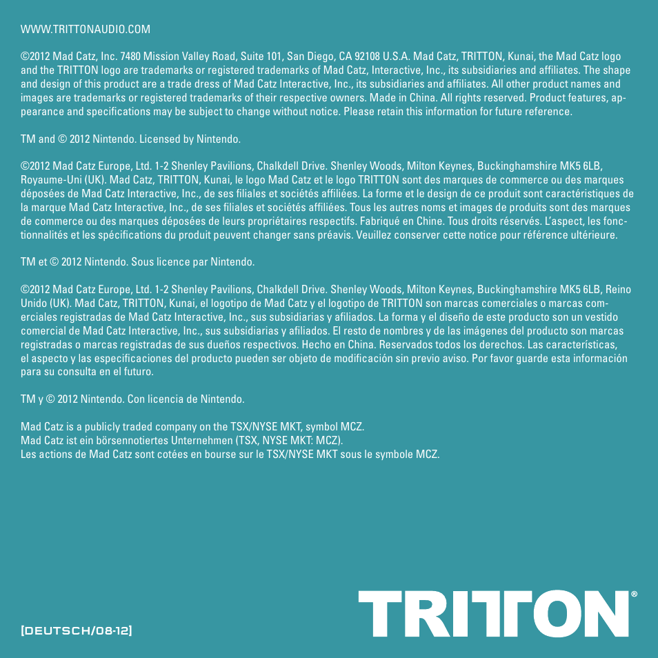 TRITTON Kunai Stereo Headset for Wii U and Nintendo 3DS User Manual | Page 44 / 115