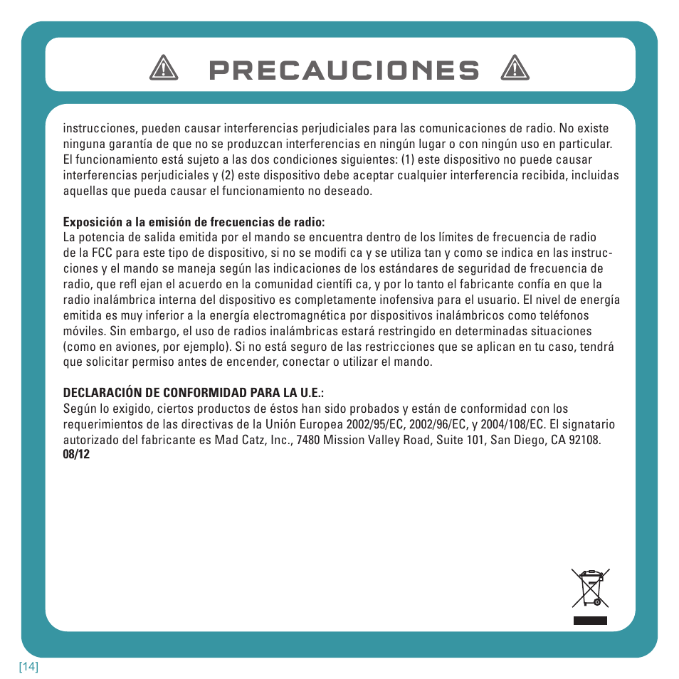Precauciones | TRITTON Kunai Stereo Headset for Wii U and Nintendo 3DS User Manual | Page 58 / 115