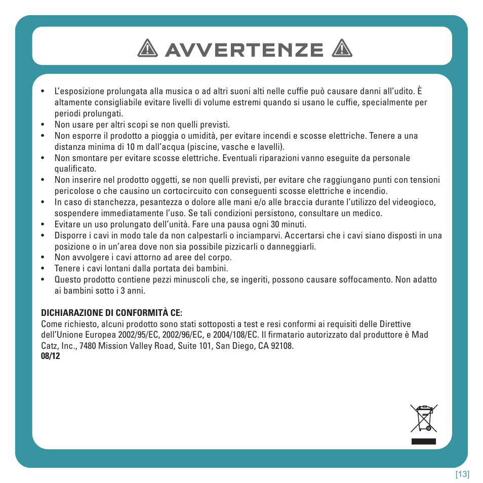 Avvertenze | TRITTON Kunai Stereo Headset for Wii U and Nintendo 3DS User Manual | Page 72 / 115