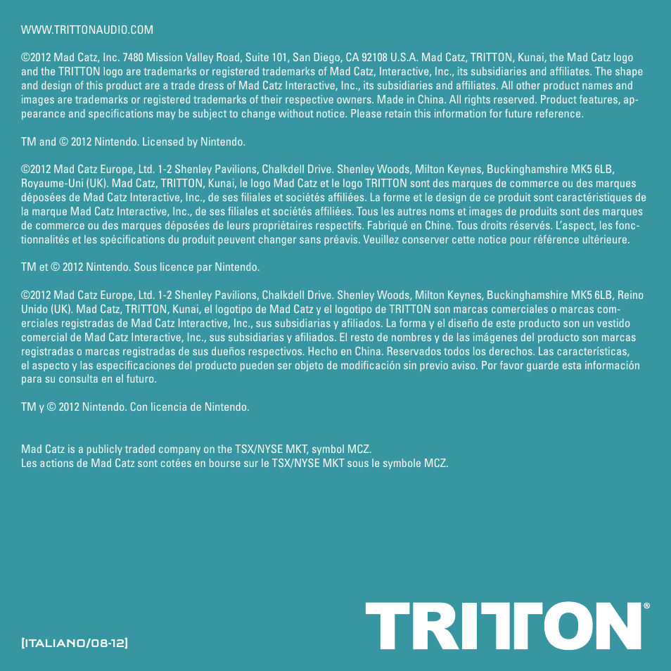 TRITTON Kunai Stereo Headset for Wii U and Nintendo 3DS User Manual | Page 73 / 115