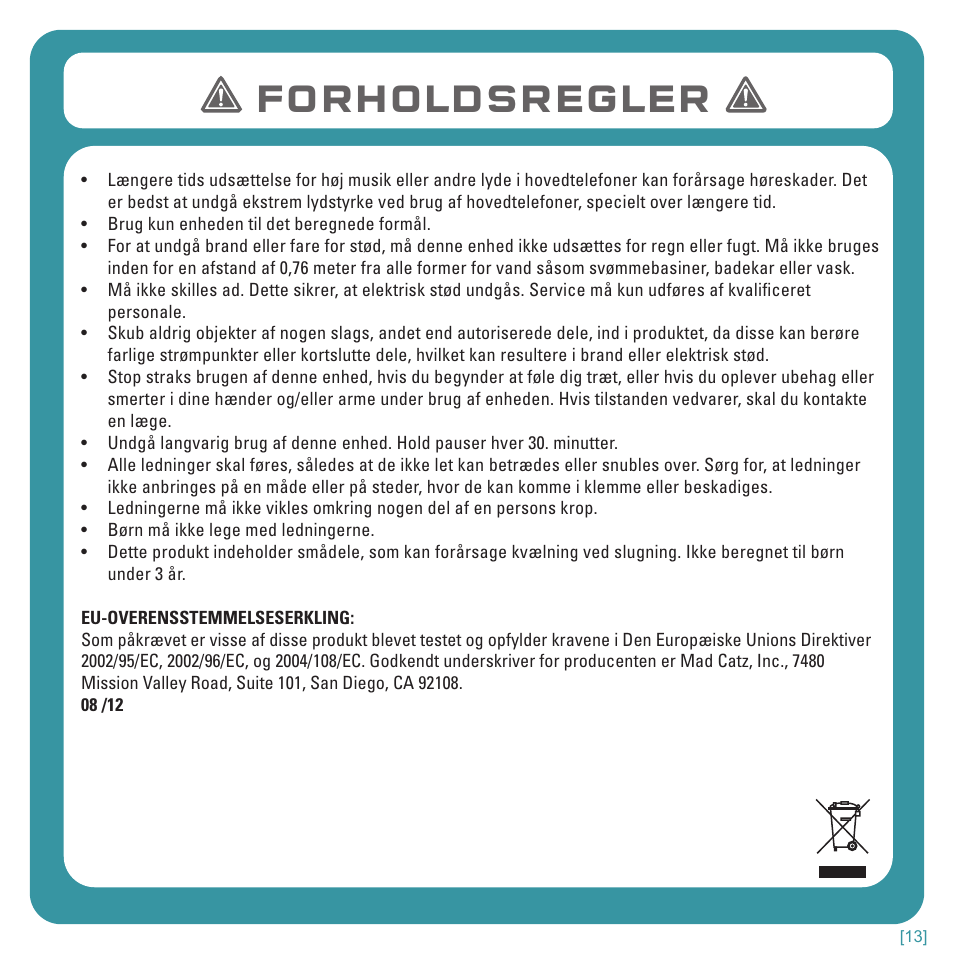 Forholdsregler | TRITTON Kunai Stereo Headset for Wii U and Nintendo 3DS User Manual | Page 86 / 115