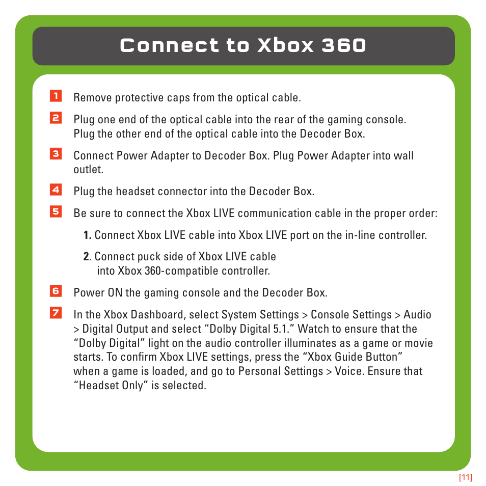 Connect to xbox 360 | TRITTON Pro+ 5.1 Surround Headset User Manual | Page 11 / 25