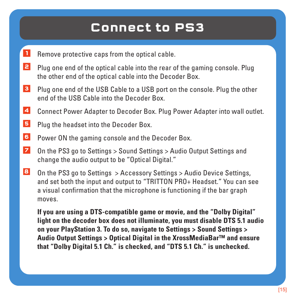 Connect to ps3 | TRITTON Pro+ 5.1 Surround Headset User Manual | Page 15 / 25